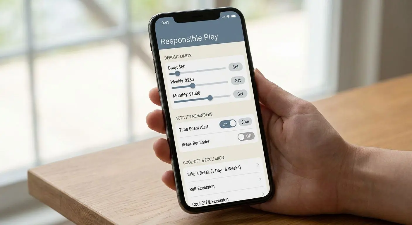 Mobile app screen with deposit limits and responsible play settings