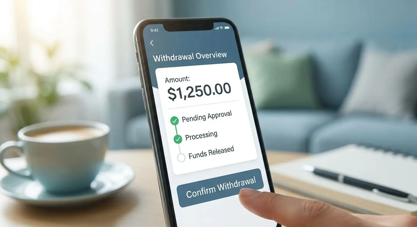 Mobile withdrawal screen with amount and payment status overview