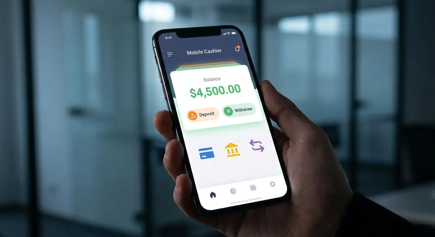 Mobile cashier screen with deposit and withdraw options