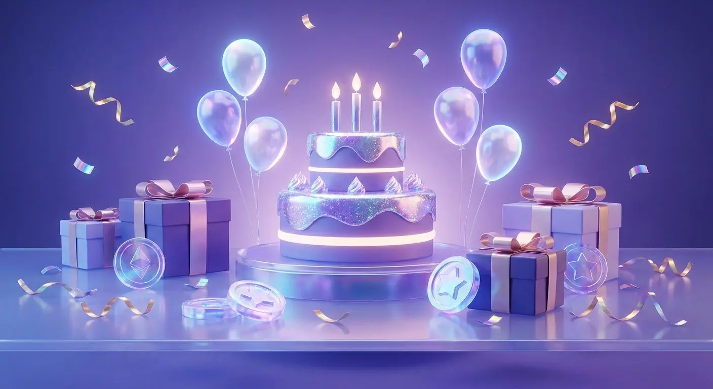 Birthday themed promotion visual with gifts and confetti