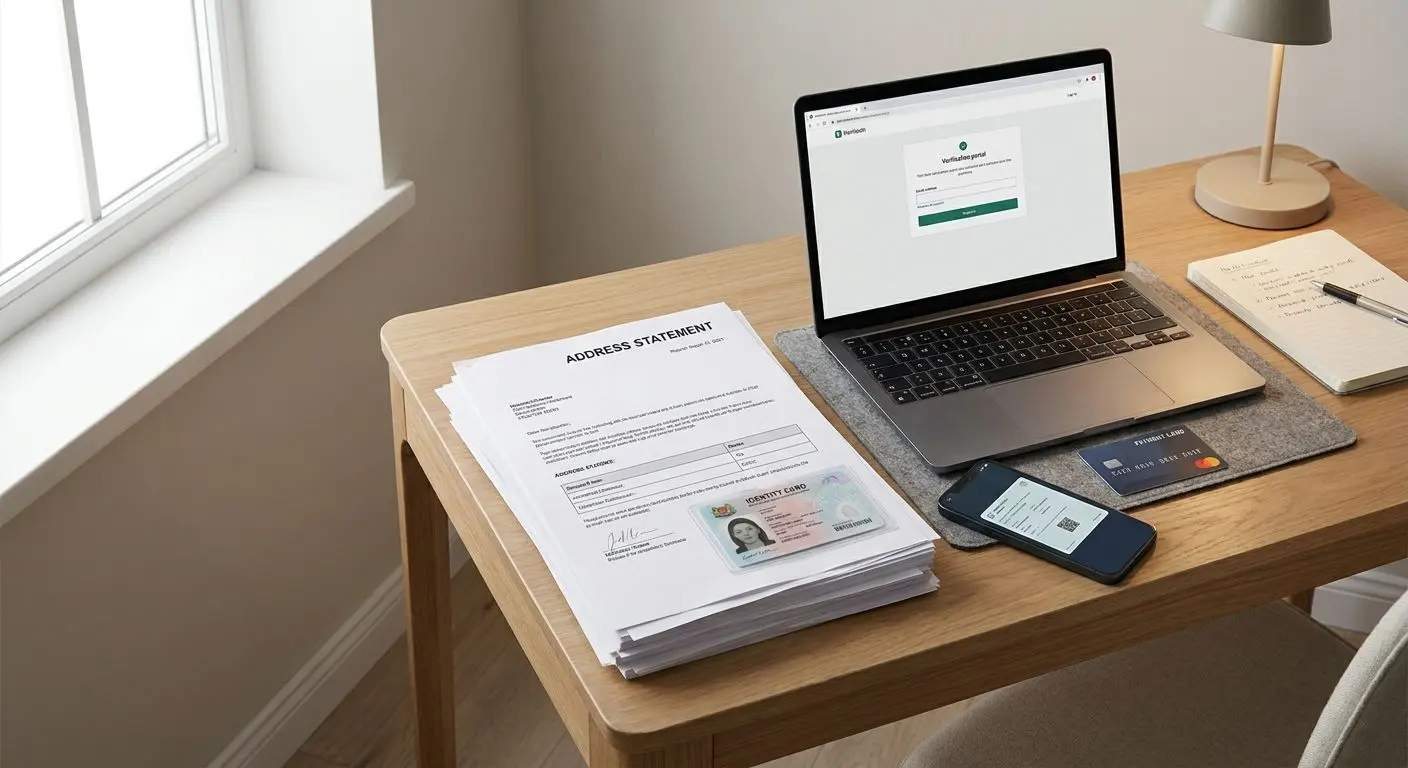 Prepared identity, address and payment documents beside a laptop for verification