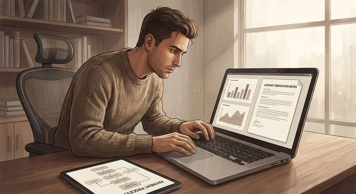 Analyst reviewing verification and payment information on a laptop
