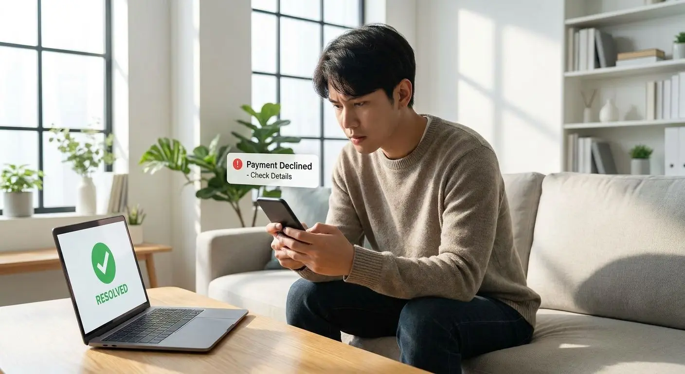 User checking a withdrawal issue on phone and laptop with a resolved icon