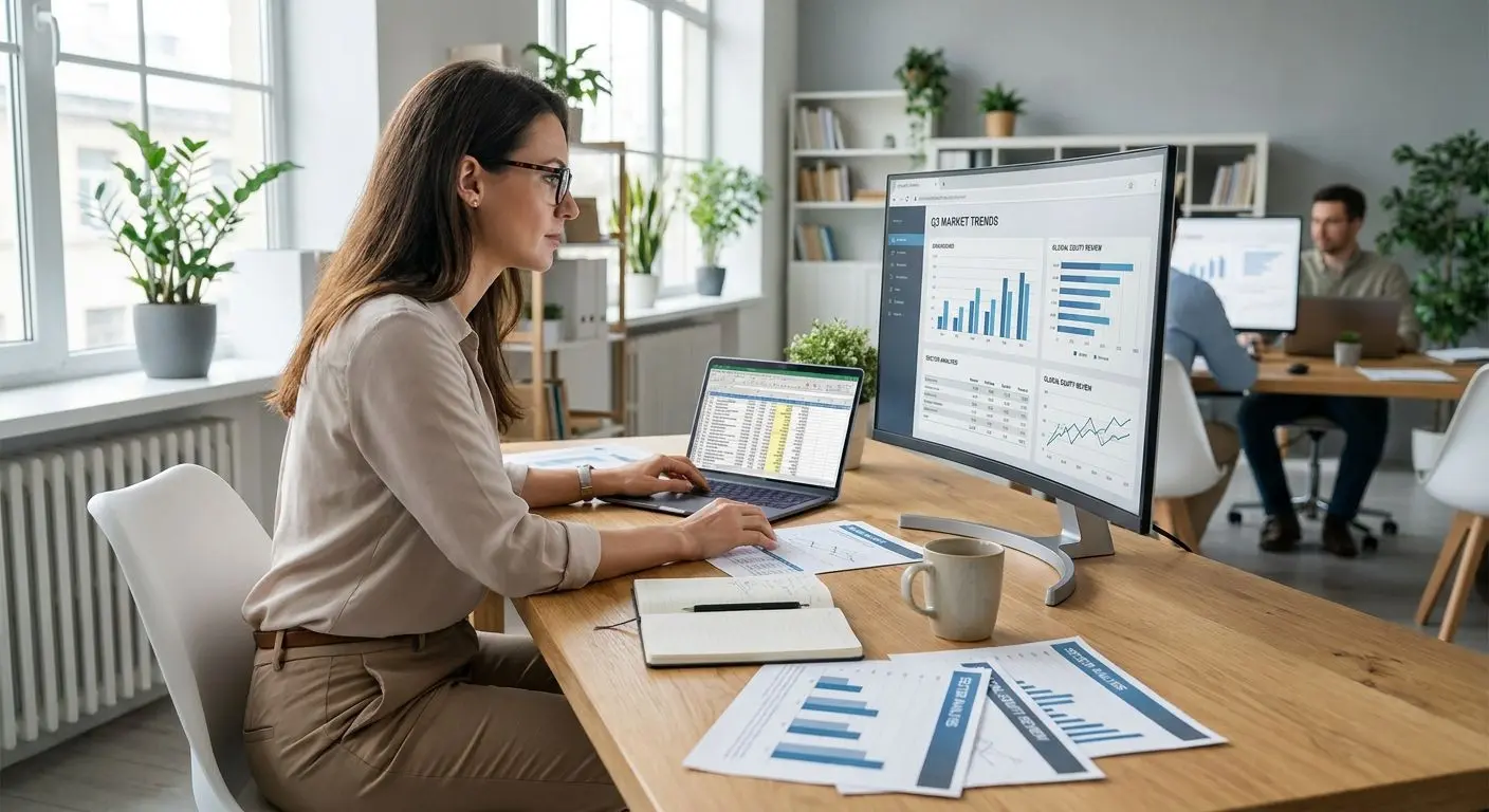 Fictional analyst reviewing payment data and charts at a desk