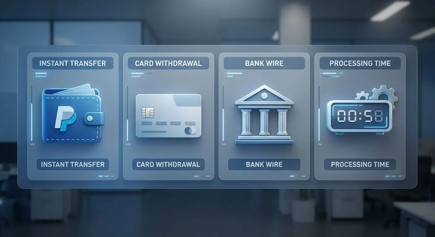 Comparison of e-wallet, card and bank withdrawal methods with timer