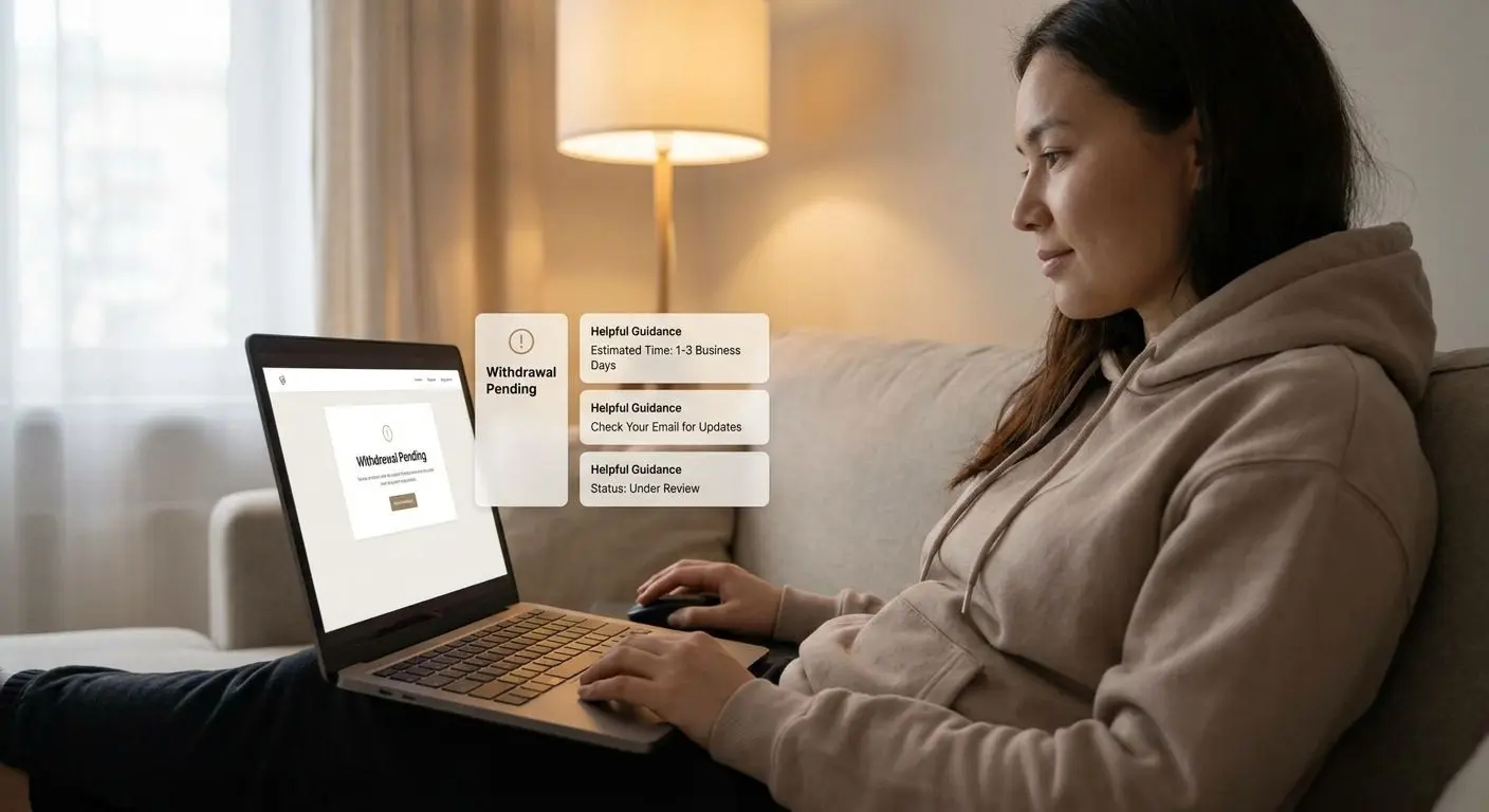 Player calmly checking a withdrawal pending status on screen