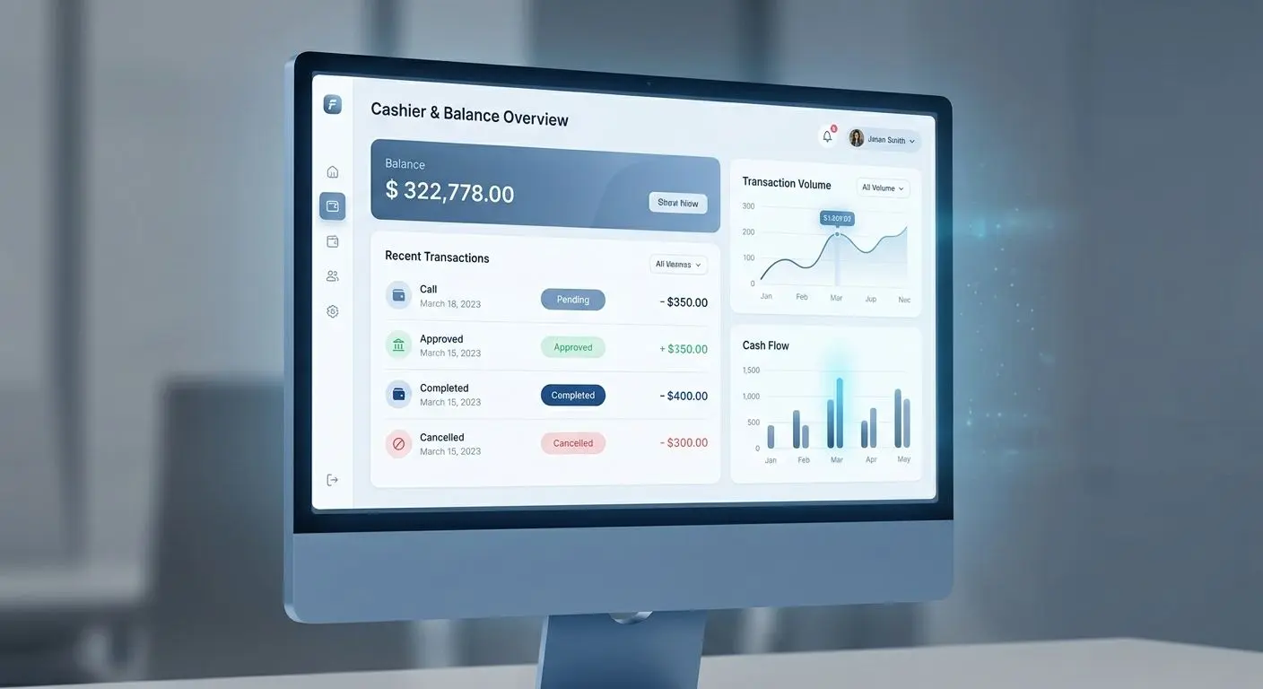 Cashier screen showing pending approved completed and cancelled transaction statuses