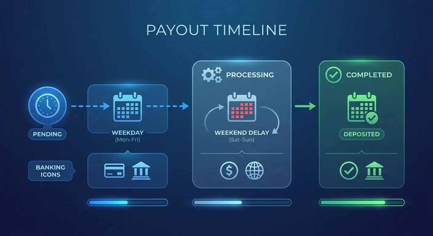 Payout timeline from pending to completed with weekday and weekend markers