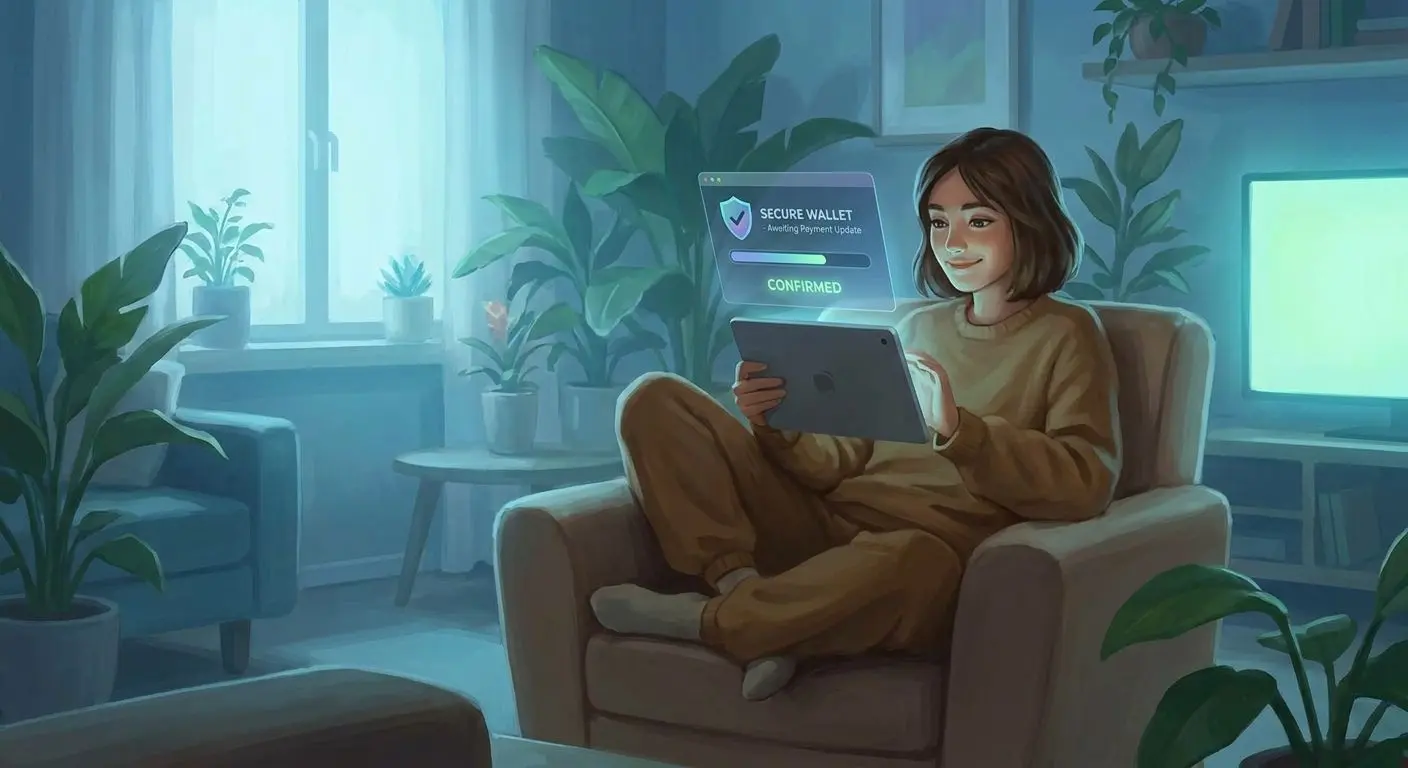 Calm user checking a secure payment status while waiting for withdrawal completion
