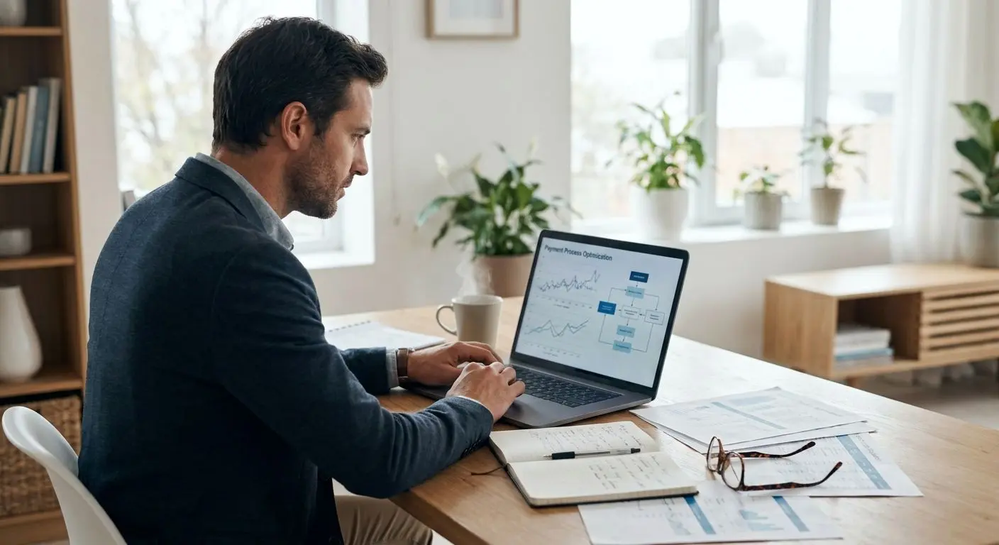 Analyst reviewing payout process information on a laptop