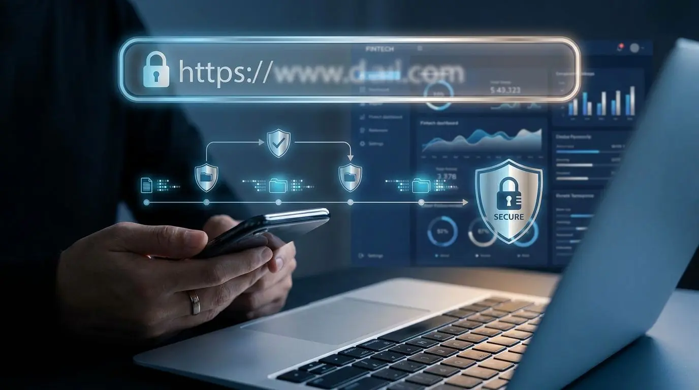Encrypted transaction illustration with browser lock and secure payment symbols