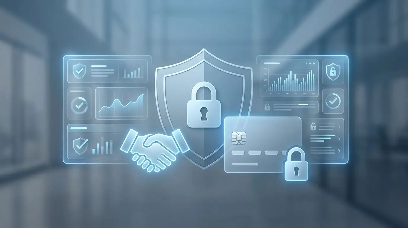 Illustration of payment security promise with shield and secure card