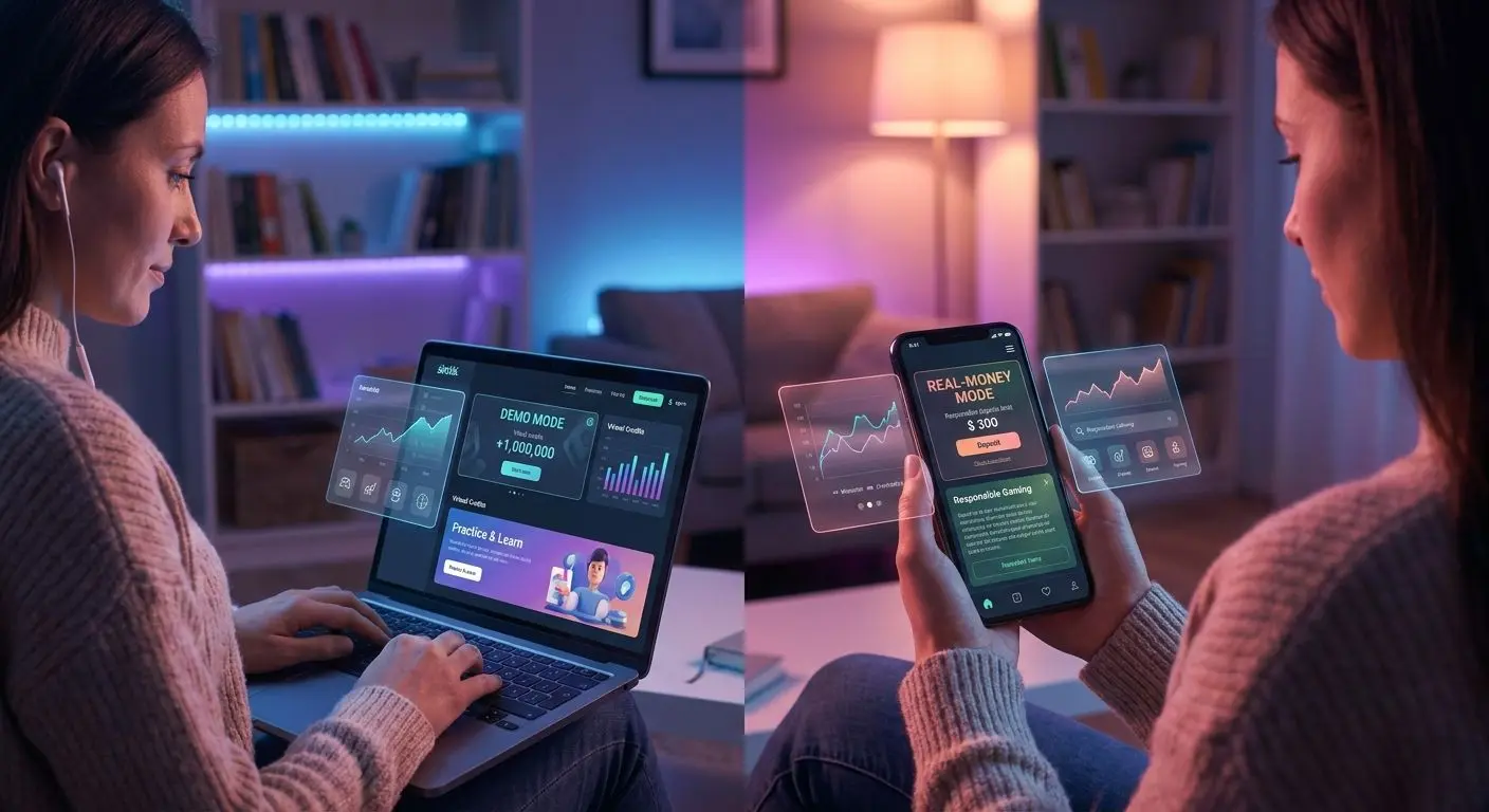 Comparison of demo play and real money play on laptop and mobile