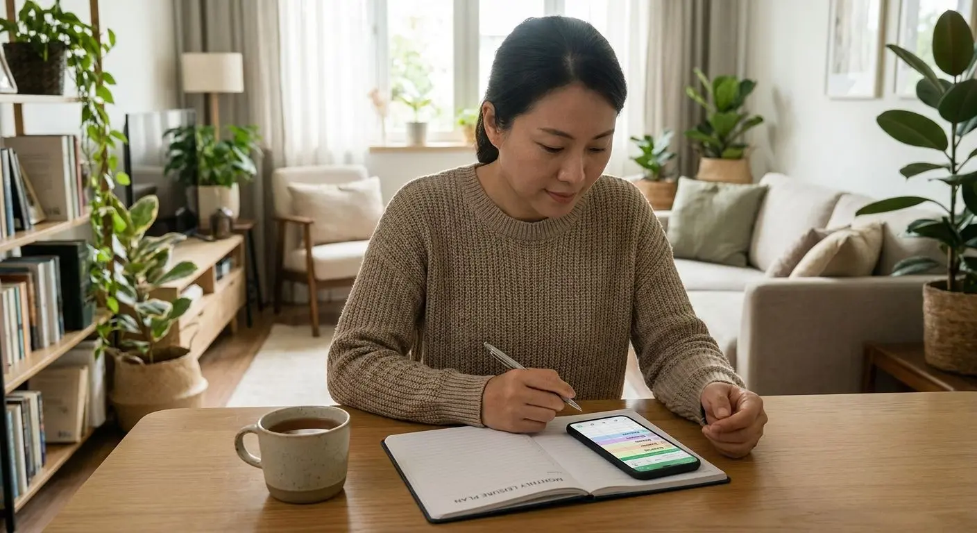Person planning a budget before online play with notebook and phone