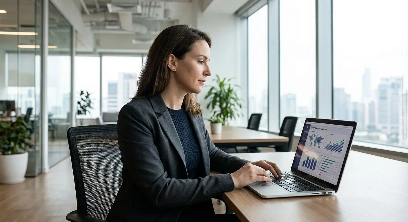 Fictional analyst reviewing payment and verification data on a laptop