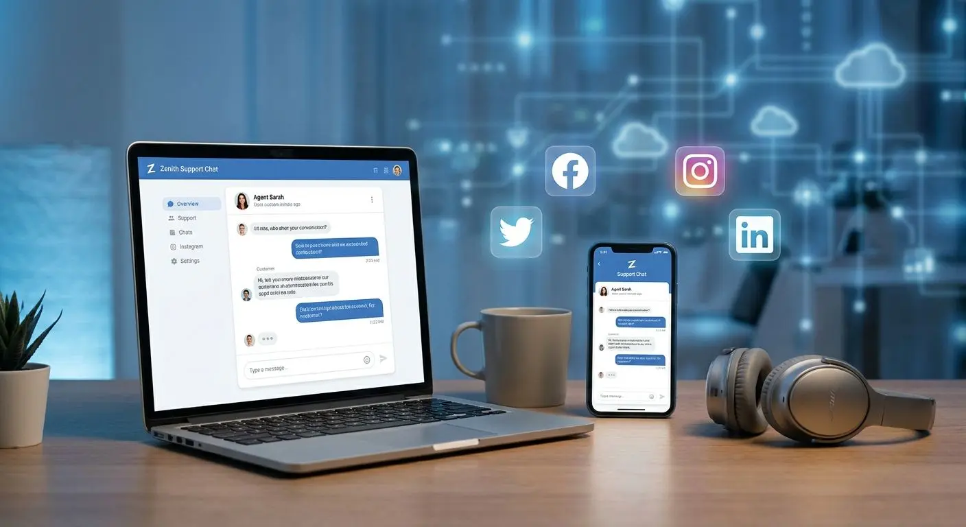 Online support chat and social media communication concept