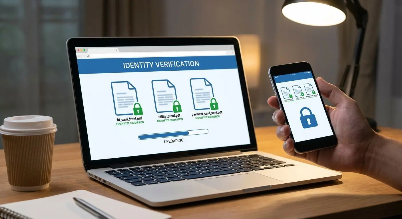Secure KYC document upload interface with ID and address verification icons